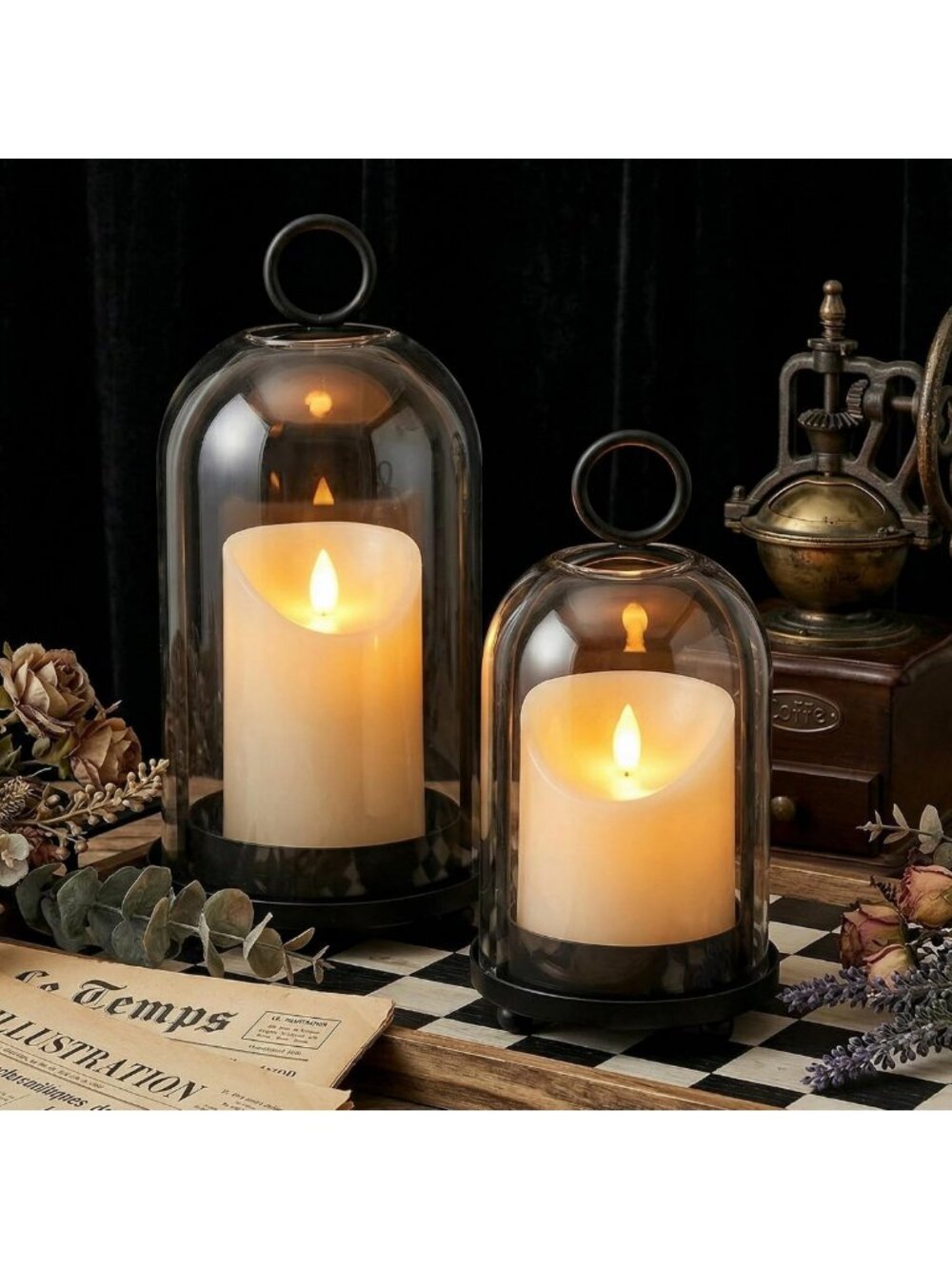 Elegant Hurricane Candle Holders Set of 2 - Black Metal & Glass, Pillar Candles